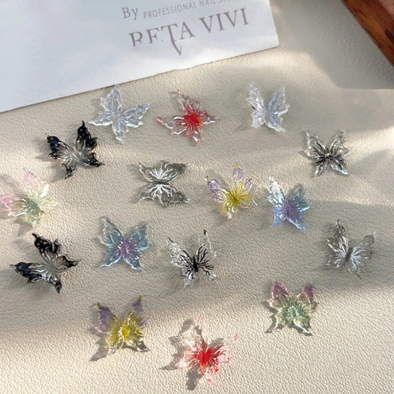 20 pezzi di ghiaccio attraverso la temperatura ammorbidente farfalla accessorio per unghie farfalla di colore sfumato 3D che indossa la decorazione del trapano in resina per unghie