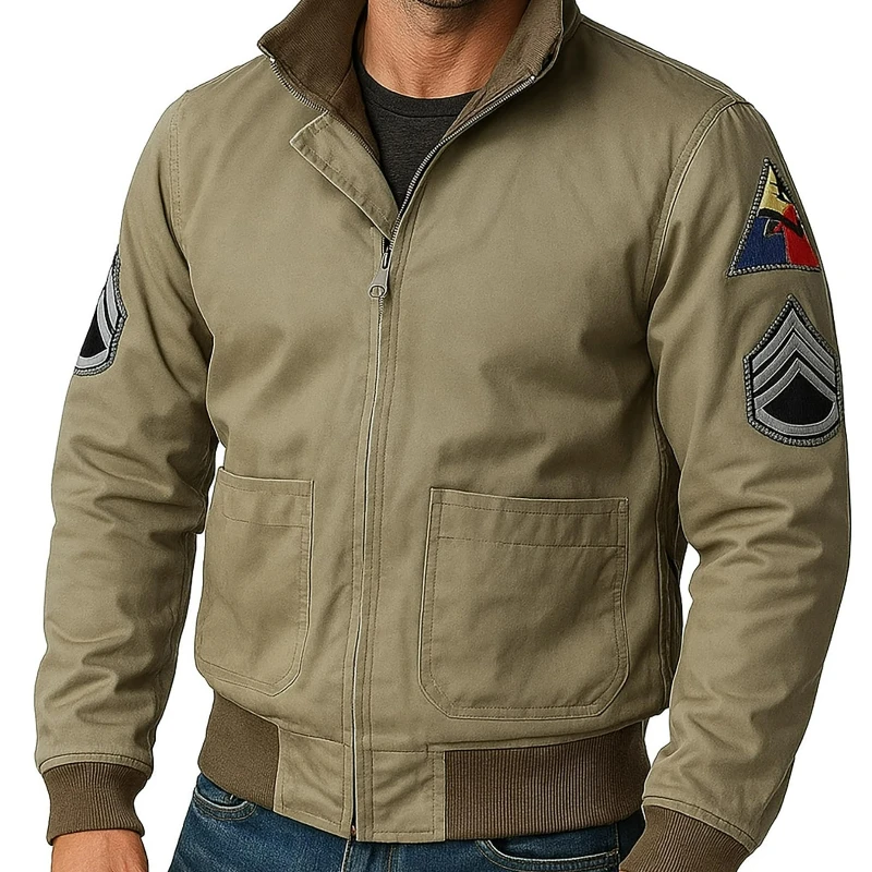 Prime-Fashion Mens Vintage Brad Tanker Military US Army Bomber Khaki Cotton Jacket