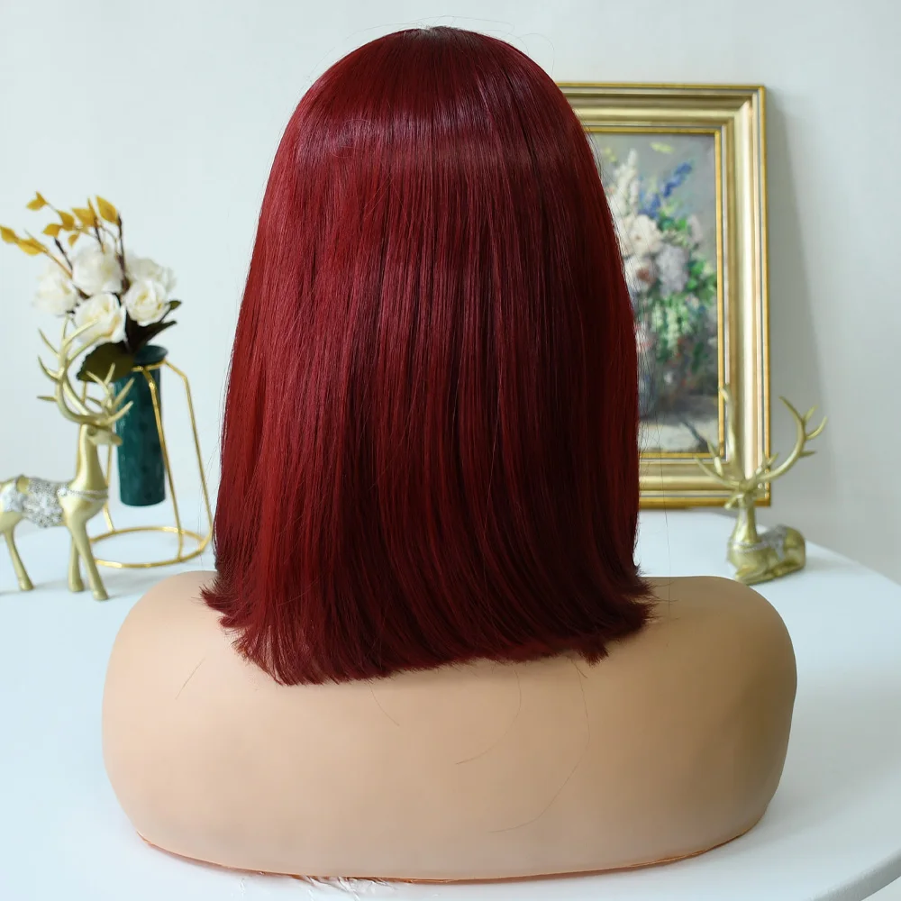 باروكة بوب قصيرة بورجوندي أحمر عالي الدقة باروكة أمامية من الدانتيل الشفاف باروكات بوب مستقيمة مقطوعة مسبقًا 13 × 4 باروكات أمامية من الدانتيل اصطناعية perruque