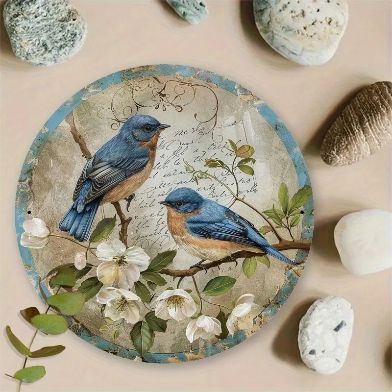 [2D Flat] Vintage Blue Love Birds & Floral Wreath Round Aluminum Sign - 7.87