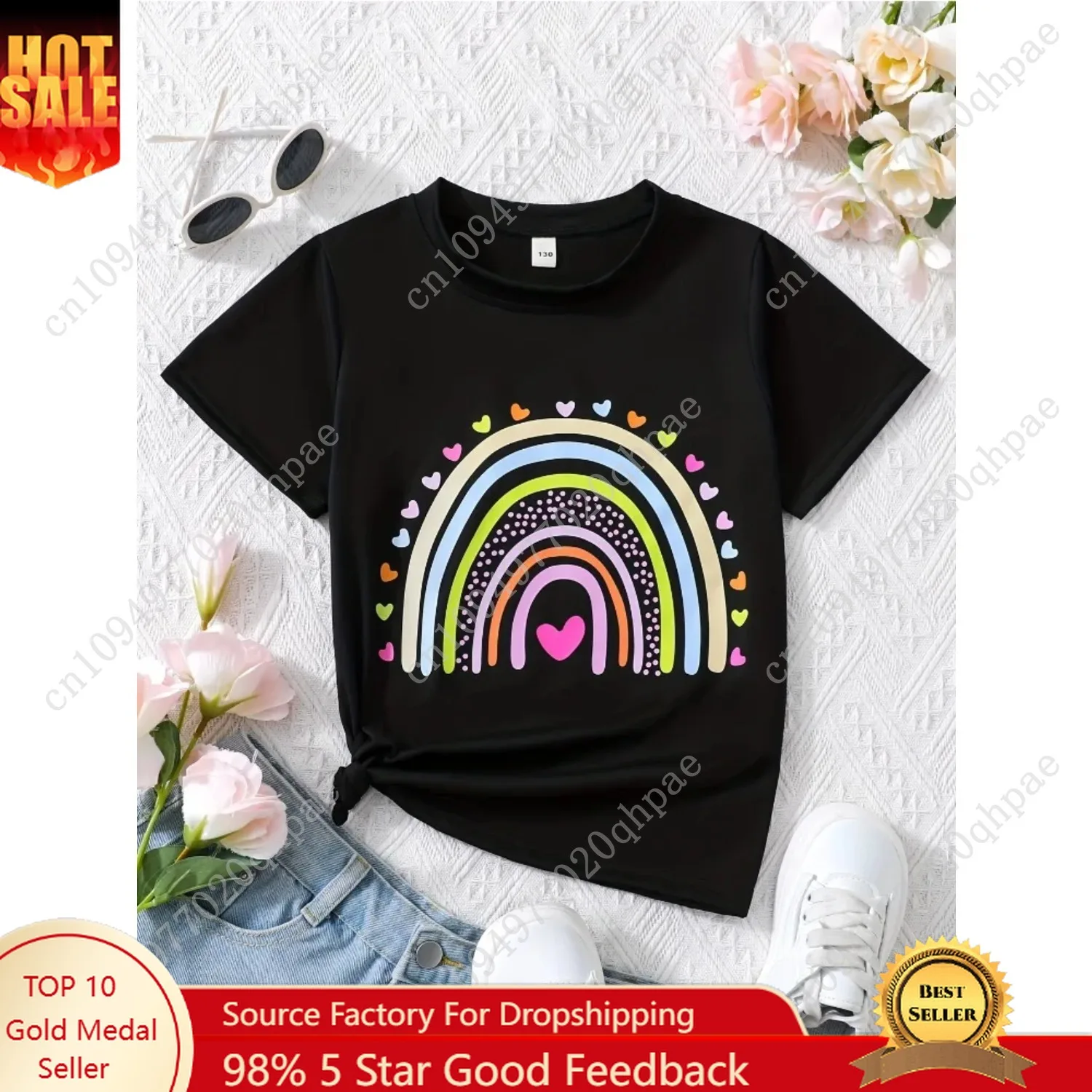 

Summer Baby Girl Black Clothes Kid Girls Casual Heart Rainbow Printed T-shirts Children Fashion Crew Neck Short Sleeve Top