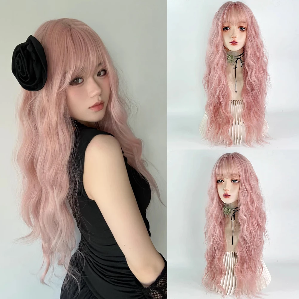 شعر مستعار صناعي طويل مموج وردي مع الانفجارات شعر مستعار لوليتا نسائي منفوش مقاوم للحرارة للحفلات التنكرية اليومية #1