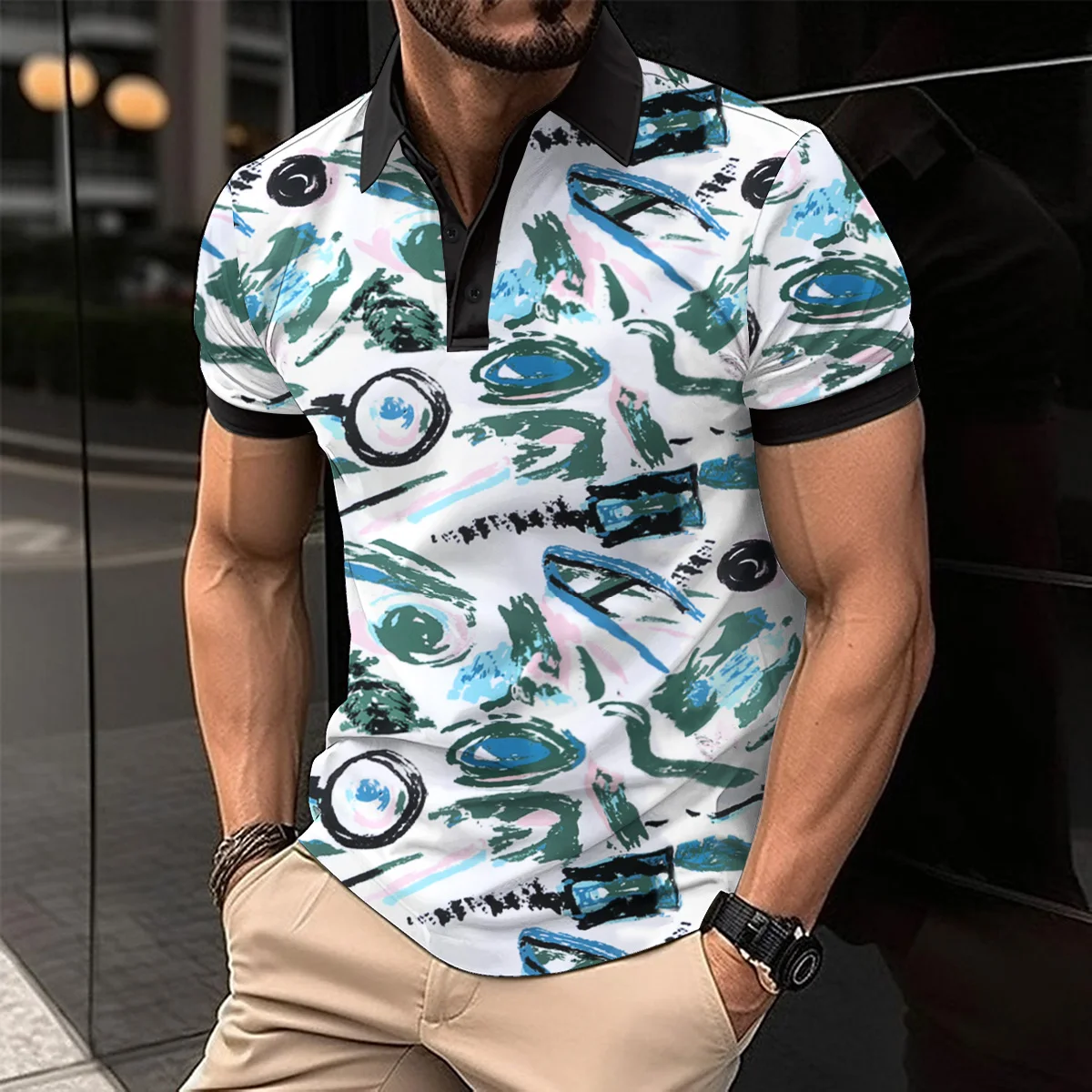 Fashion Summer Men\'s Polo Shirt Lapel Zipper Short Sleeve Printed Striped Patchwork Men\'s Shirt Casual Sports Polo Shirt