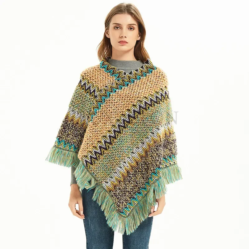 Women Winter Cloak Soft Knitted Stripe Tassel Cardigan Capes Shawl Coat Ponchos Female Ethnic Cape Poncho Cloak Dropship