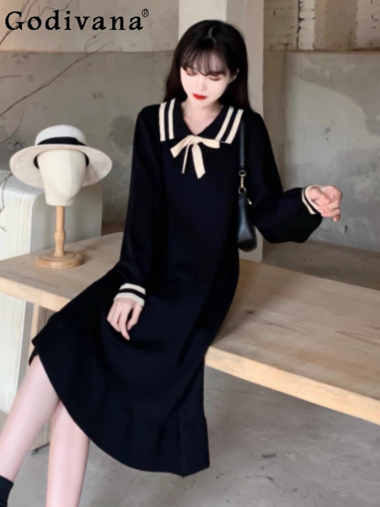 

Autumn winter large size sweet peter pan collar sweater dresses women age-reducing loose longsleeve loose Japanese knitted dress