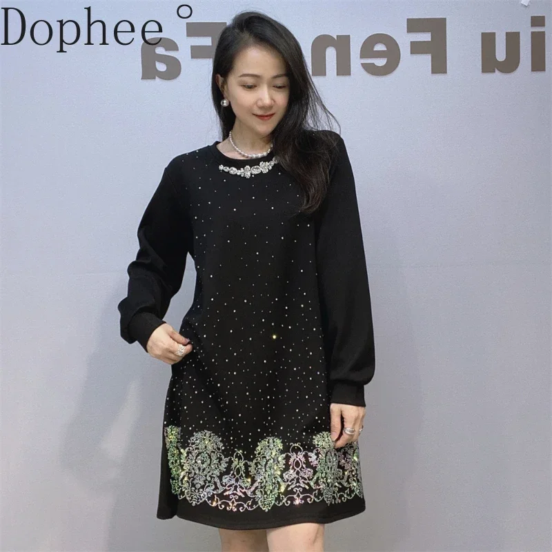 

2024 New Autumn Winter Luxury Diamonds Long Sleeve Women Dresses Elegant O-neck Space Cotton Fashion Lady Party Gown Dress