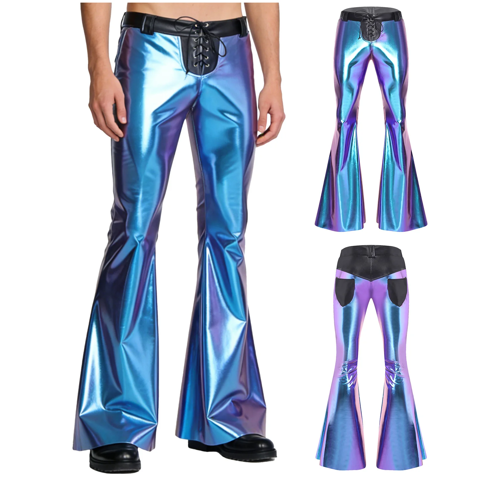 Men 70-80s Disco Hippie Cowboy Cosplay Costume Metallic Shiny Flared Pants Trousers Clubwear for Halloween Vintage Theme Party view 2