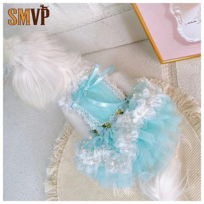 

Wathet Elegant Pearl Embellished Pet Lolita Princess Dress Breathable Lace Tulle Summer Clothes for Small Dogs Cats Dog Clothes