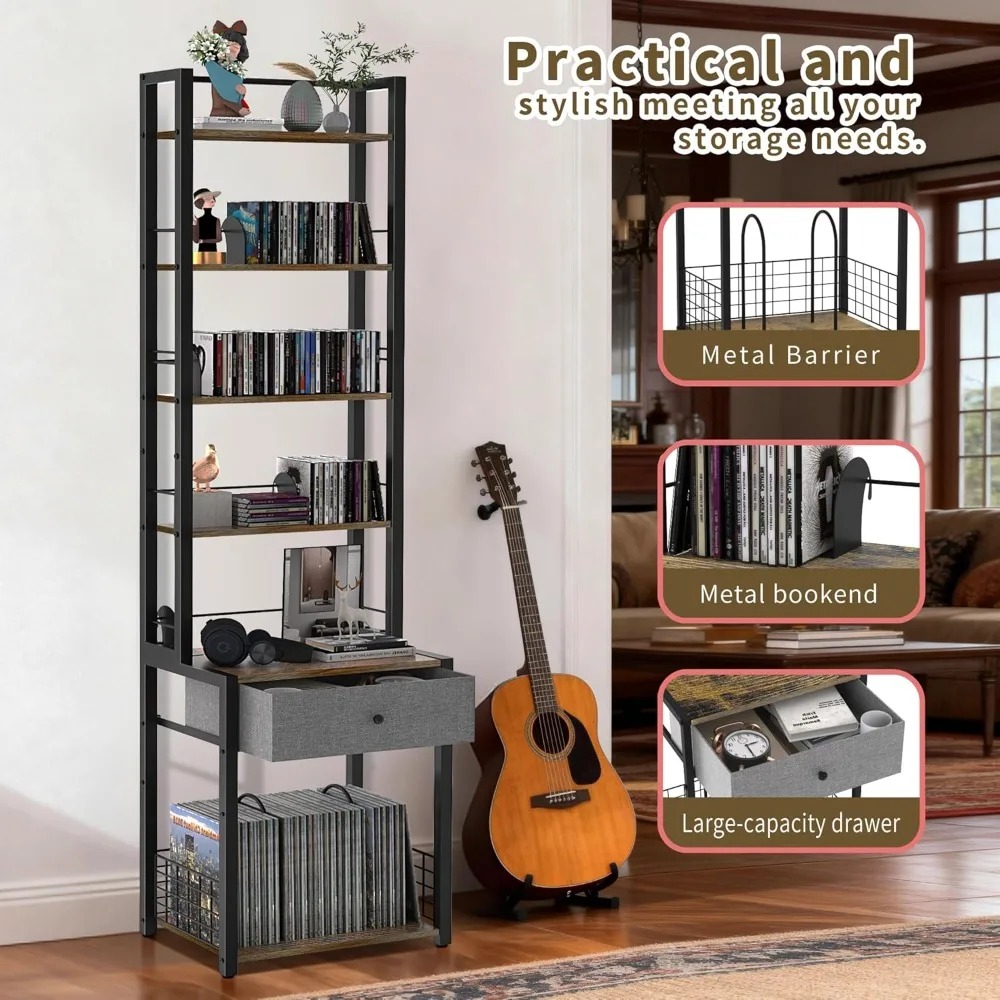 6-Tier CD DVD Storage Rack with Drawer, Adjustable Media Organizer Shelf for Vinyl Records & Books, Home Office Living Room