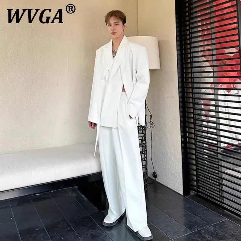

WVGA Spring Autumn New Man Double Collar Strap Design Trendy Blazer Straight Niche Chic Casual Suit Pants Two Pieces Sets W7258