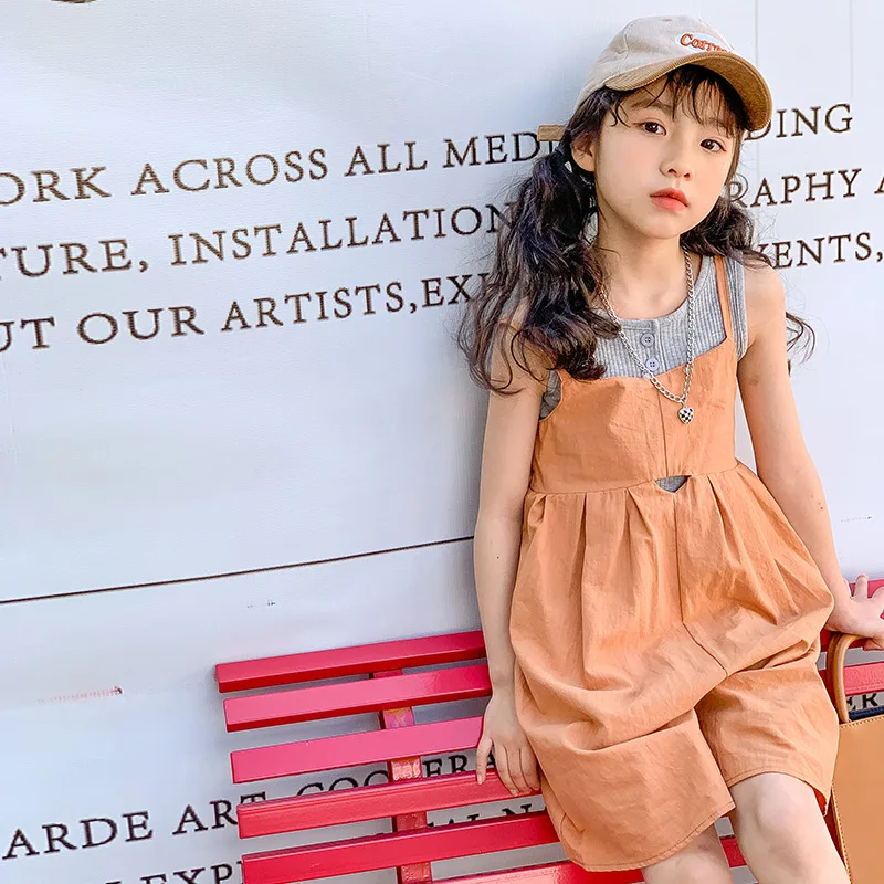 Korean Summer Junior Girl 2PCS Clothes Set Teenager Girl Breathable Vset+Solid Suspender Shorts Sets Girls From 4-12 Years Old