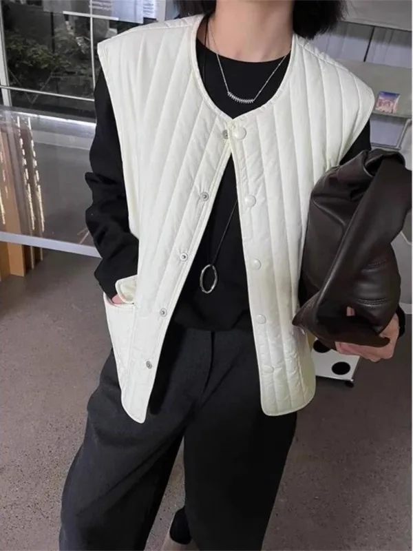 

Warmth Stiped Sewn Cotton Vest Autumn Winter New Loose Retro Sle Button up Bal Thiened round Ne Cotton Jaet