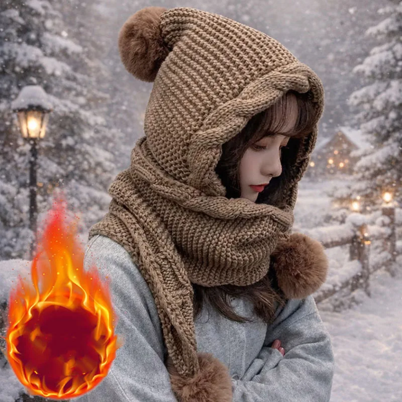 

Женская зимняя шапка и шарф, шапка в корейском стиле с прикрепленными ушками, толстый вязаный помпон с помпоном для экстремальной холодной погоды