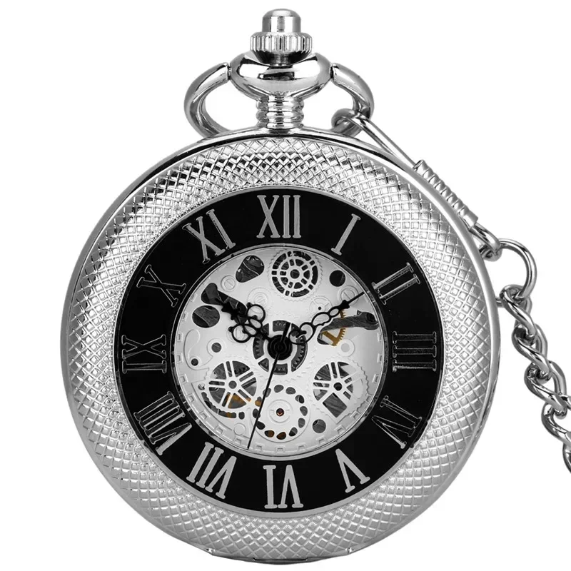 الفضة محفورة غطاء الرقم الروماني الرجال النساء الهيكل العظمي Handwinding الميكانيكية ساعة جيب فوب سلسلة الجوف التدريجي على مدار الساعة
