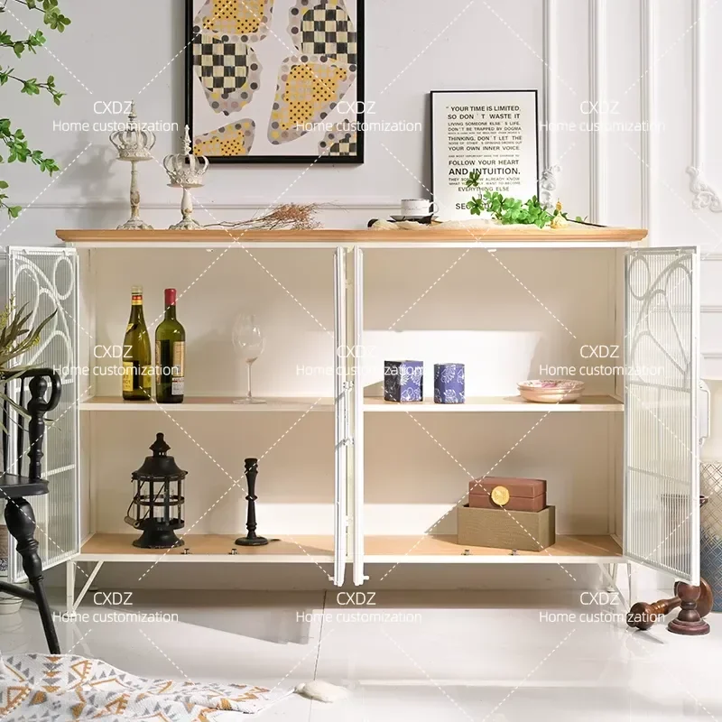 Wrought Iron Dining Side Cabinet with Glass Door Garden Style Retro Home Entrance Storage Locker for Living Room Wall High