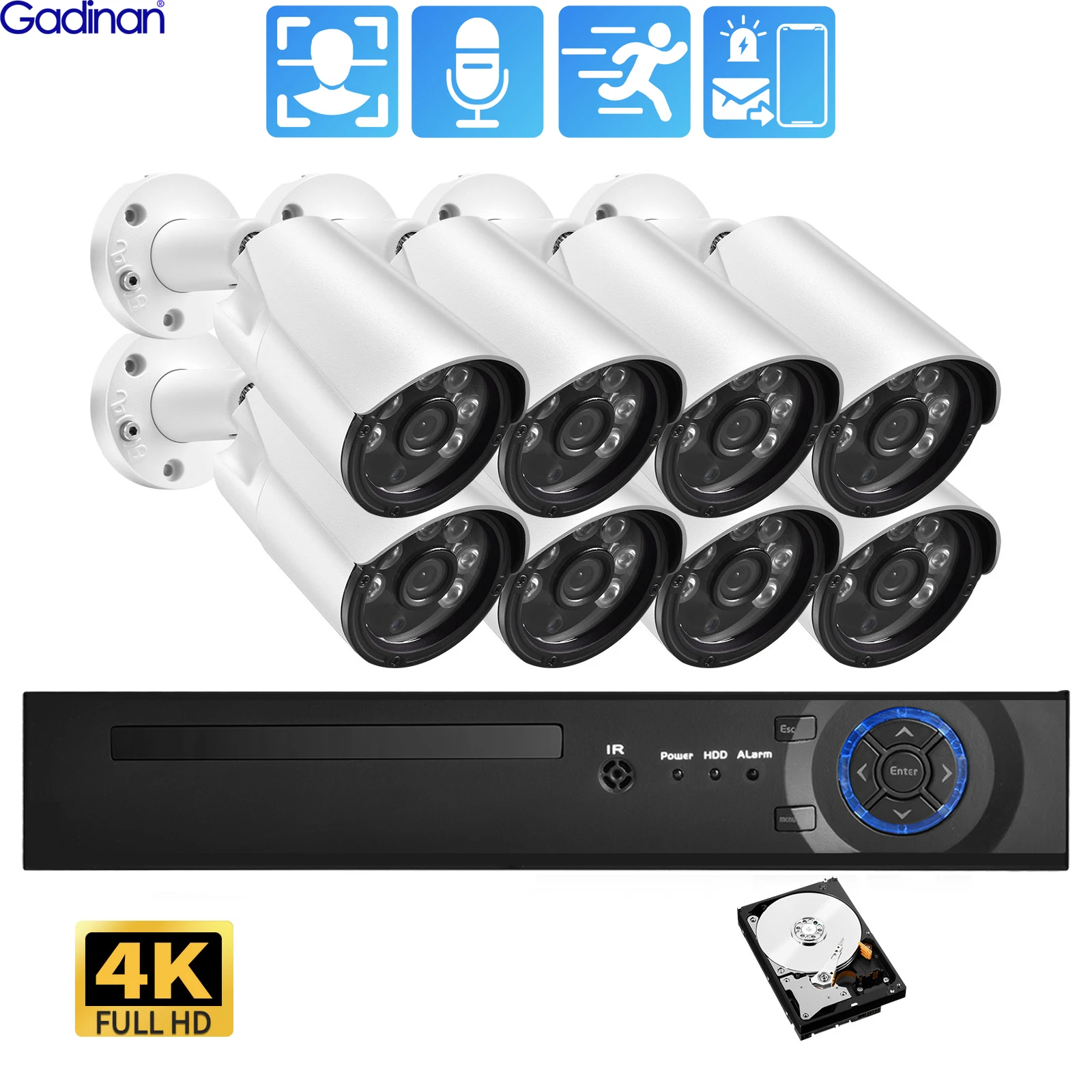 

Gadinan 4K Security Camera System AI Face Detect Ultra HD 8MP POE NVR Audio IR Night Vision Security CCTV Video Surveillance Set