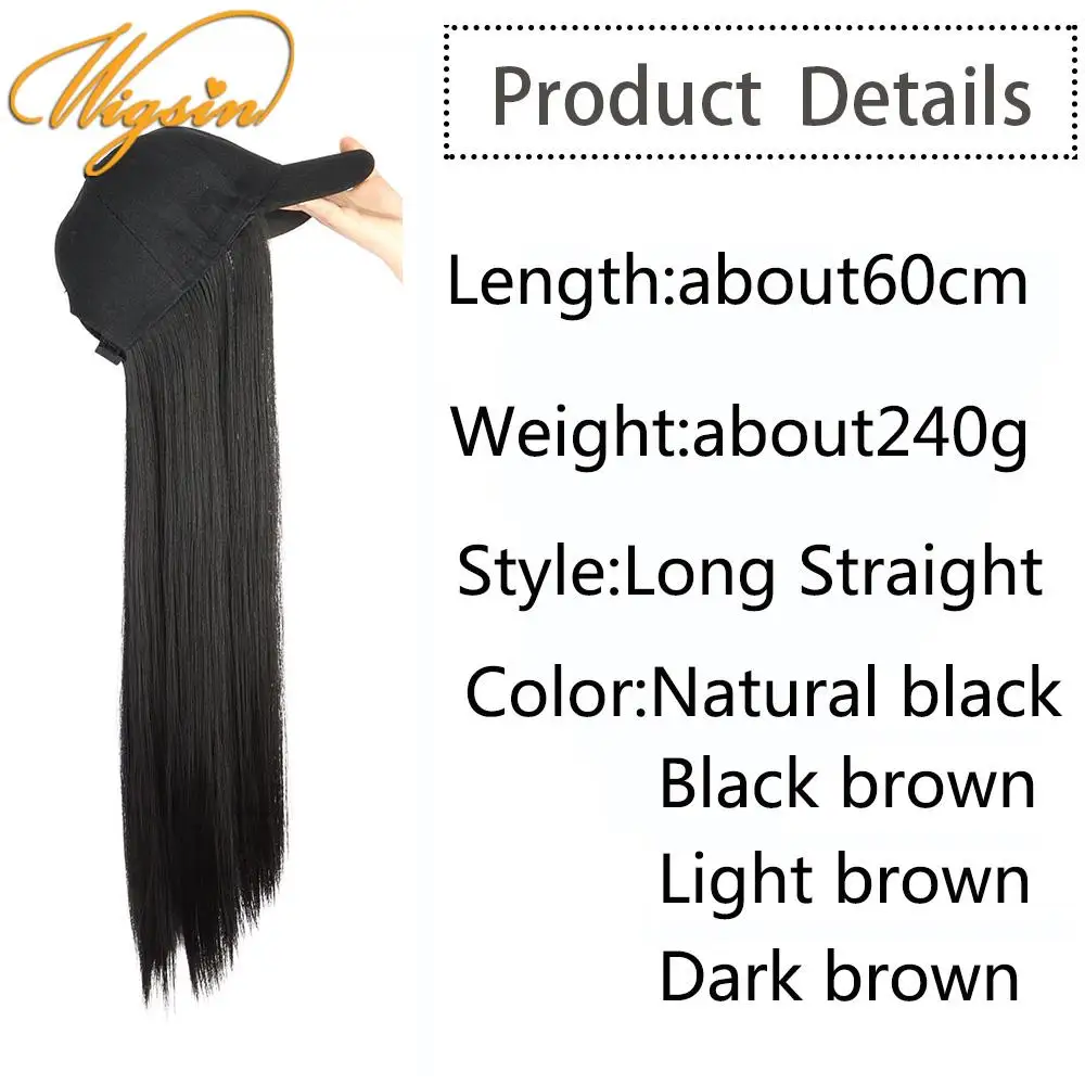 WIGSIN 24Inch Long Straight Synthetic Wig Baseball Cap Hair Extensions Hat Wigs Black Brown Adjustable Hairpiece for Women