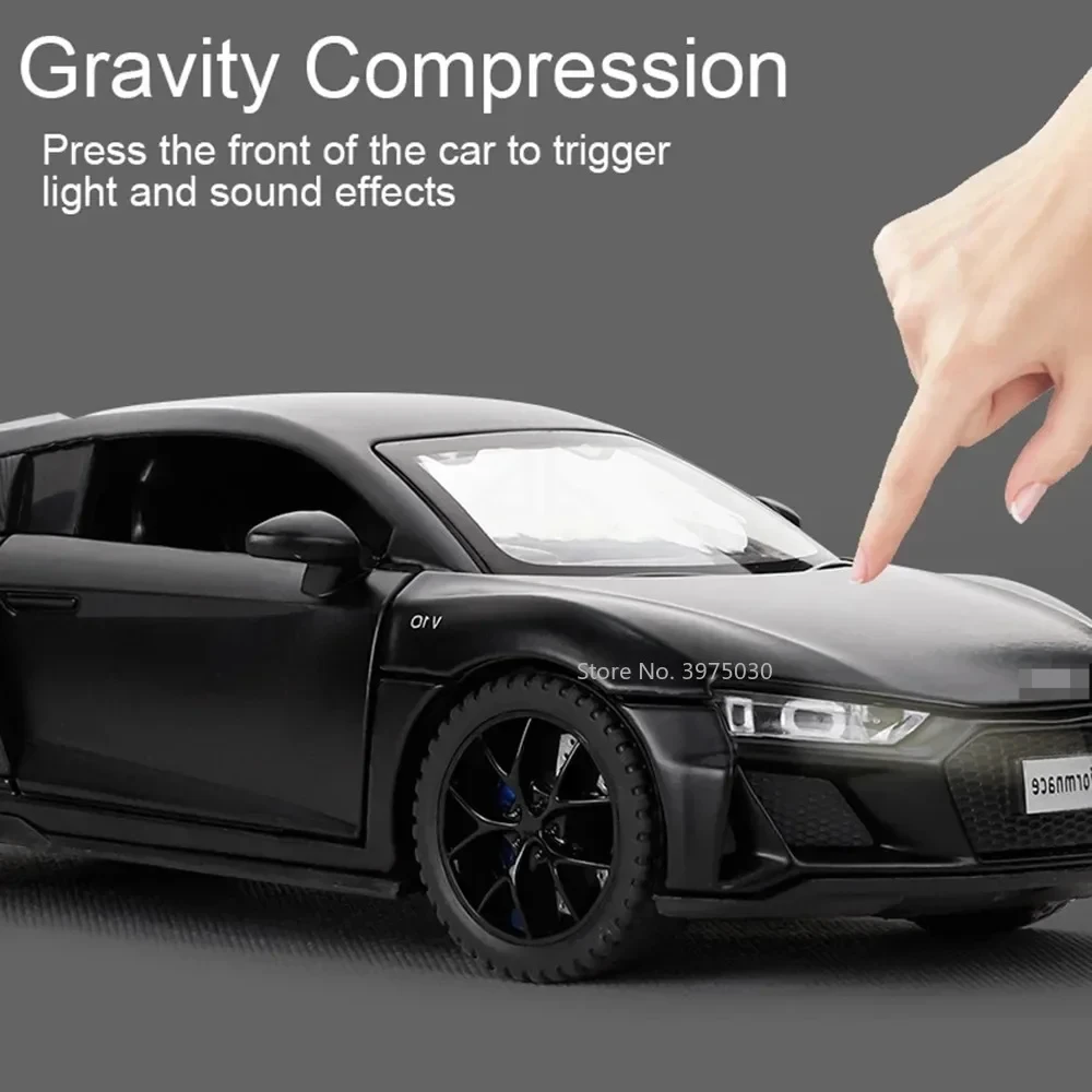 1:32 AUDI R8 Sports Car Alloy Toy Model Metal Diecast Scale Vehicles with Light Sound Doors Can Be Open Toy for Boys Gifts