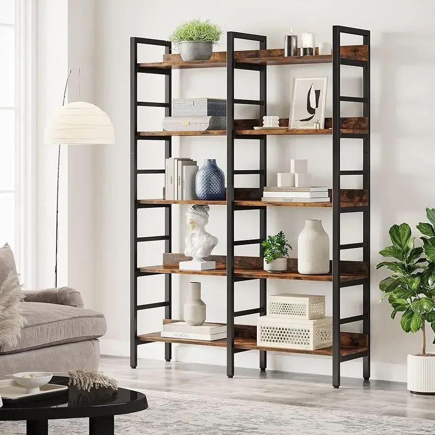 5-Tier Industrial Etagere Bookcase,Book Shelf for Storage and Display,Wood and Metal Bookshelves for Living Room,Rustic Brown