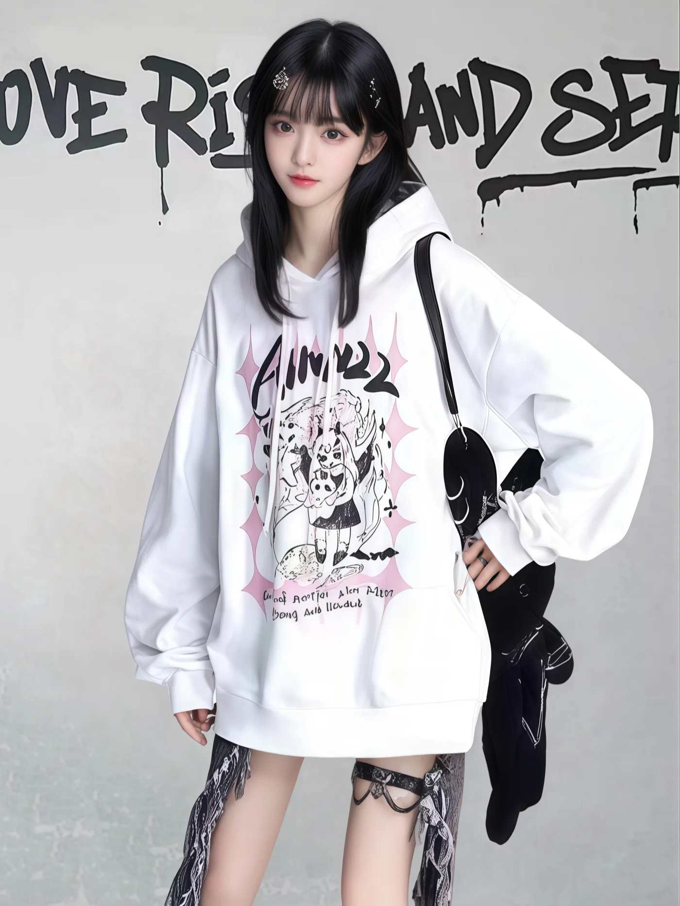 American Cartoon Print Oversized Anime Hoodies Lazy Casual Loose Versatile Long Sleeve Sweet Cool White Sweatshirts Women Autumn