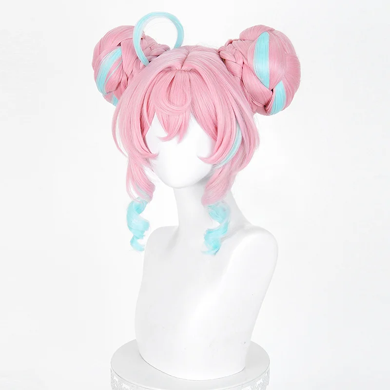 Game Honkai Star Rail Hyacine Cosplay Wig Short Pink Light Blue Hair Bun Scalp Top For Halloween Comicon Party Adult Women Men