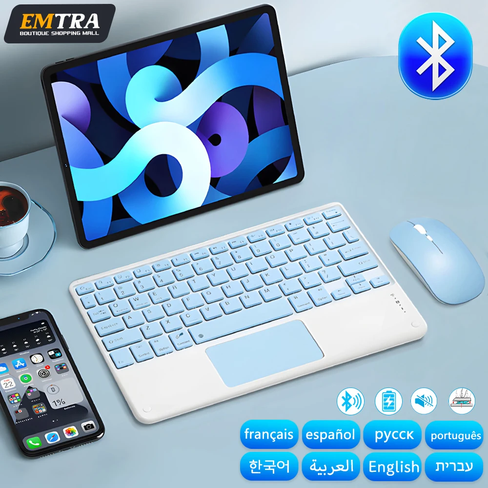 Teclado Bluetooth e Mouse para iPad, iPad, IOS, Android, Windows, Samsung, Xiaomi, Tablet, Espanhol, Coreano, Russo, 11"