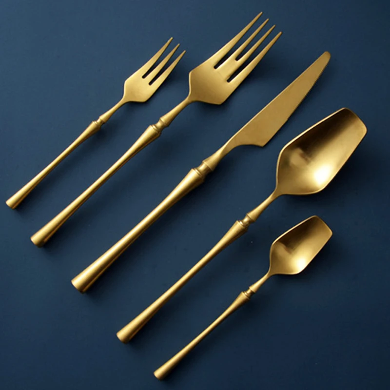 Matte Golden Cutlery Set 304 Stainless Steel Steak Knife Fork Spoon Set Vintage Fruit Fork Tea Spoon Western Tableware Set