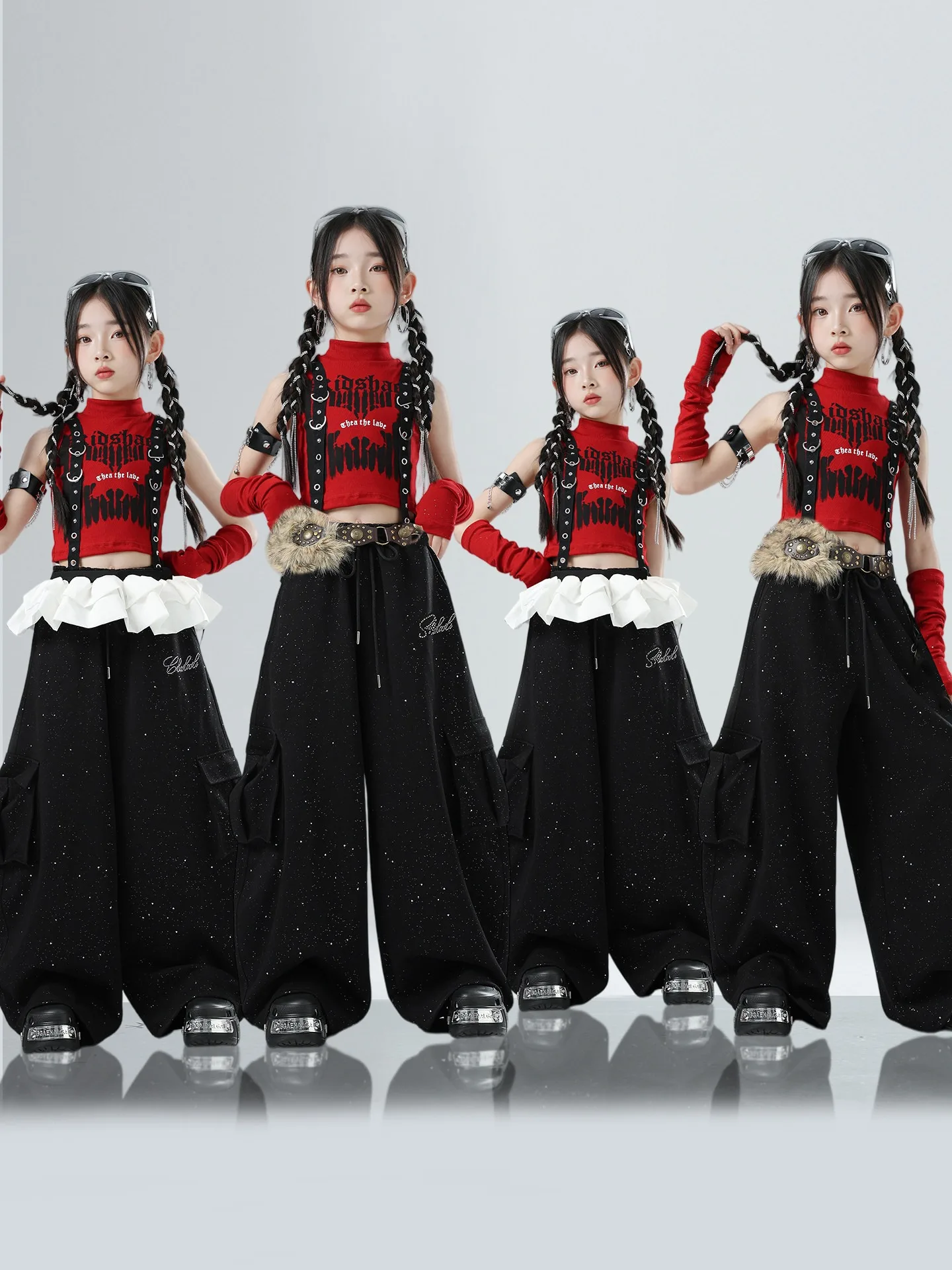 Girls Jazz Dance Costume Red Vest Black Pants Hip Hop Performance Suit Fashion Runway Stage Outfits Kpop Y2K Clothing BL19776