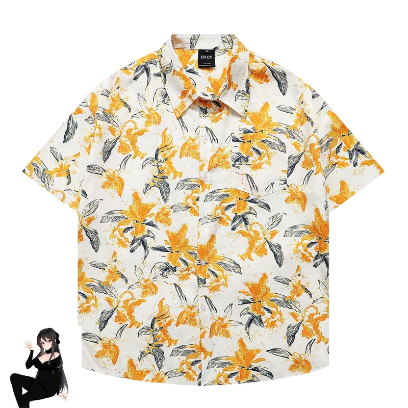 

Yellow Floral Print Short Shirts Men Women Summer Loose Thin High Quality Hawaii Beach White Clothes Blouse