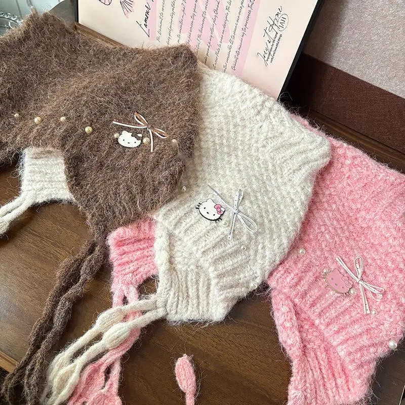 سانريو مرحبا كيتي الصوف محبوك قبعة شتاء دافئ الباردة واقية قبعة KT الأذن حماية قبعة جرلي الإكسسوارات هدايا عيد الميلاد