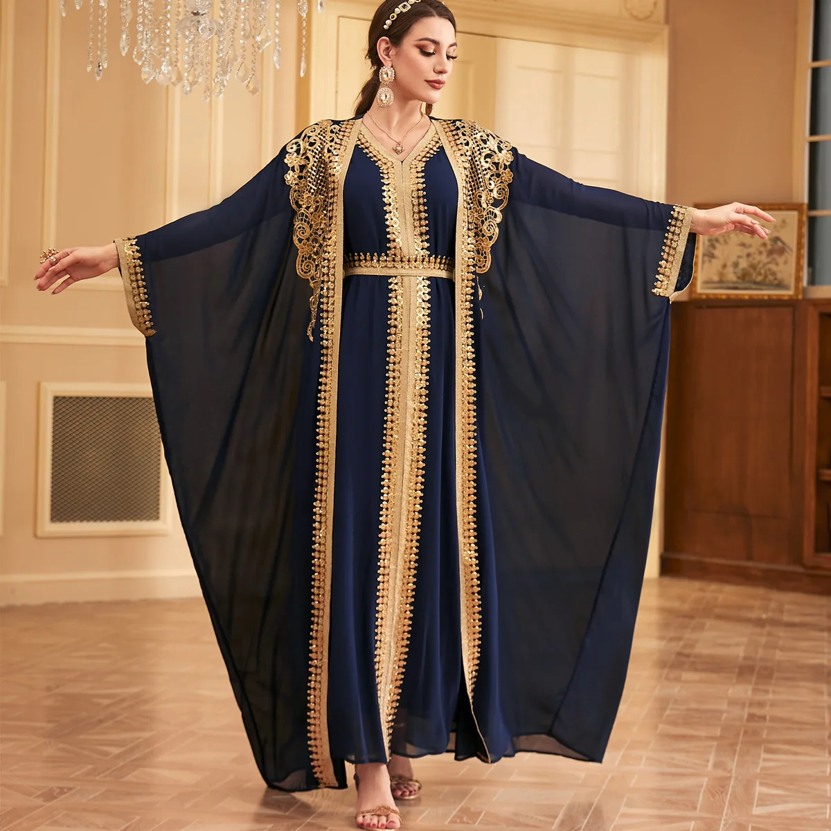 Luxury Dubai Abayas Muslim Set for Women 2 Piece Kimono Turkey Kaftan Muslim Wedding Evening Dress Morocco Eid Jalabiya Caftan