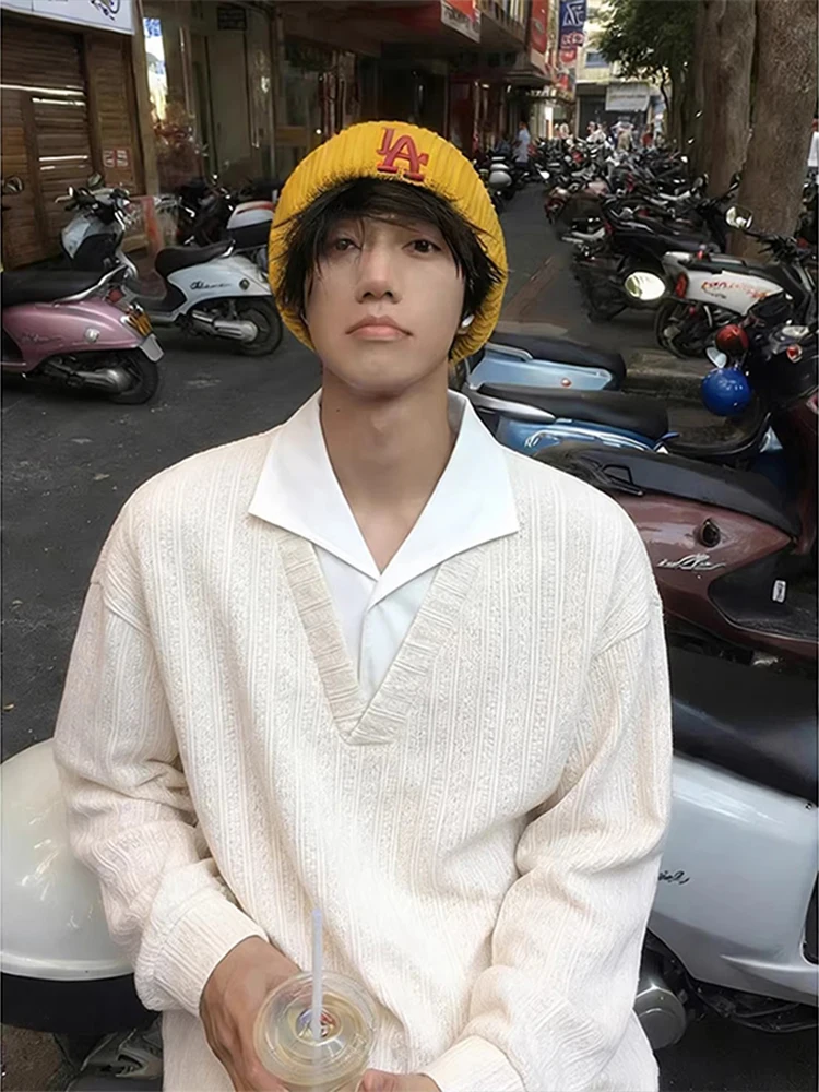 

Мужская толстовка с длинным рукавом и V-образным вырезом, имитация двухслойности, весна-осень, повседневная, удобная, свободного кроя, молодежная мода