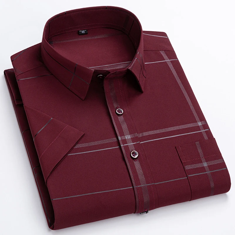

New Casual Shirts For Man Polyester Summer Short Sleeve Turn Down Collar Button Up Plaid Stretch Non-iron Easy Care Smart Dress