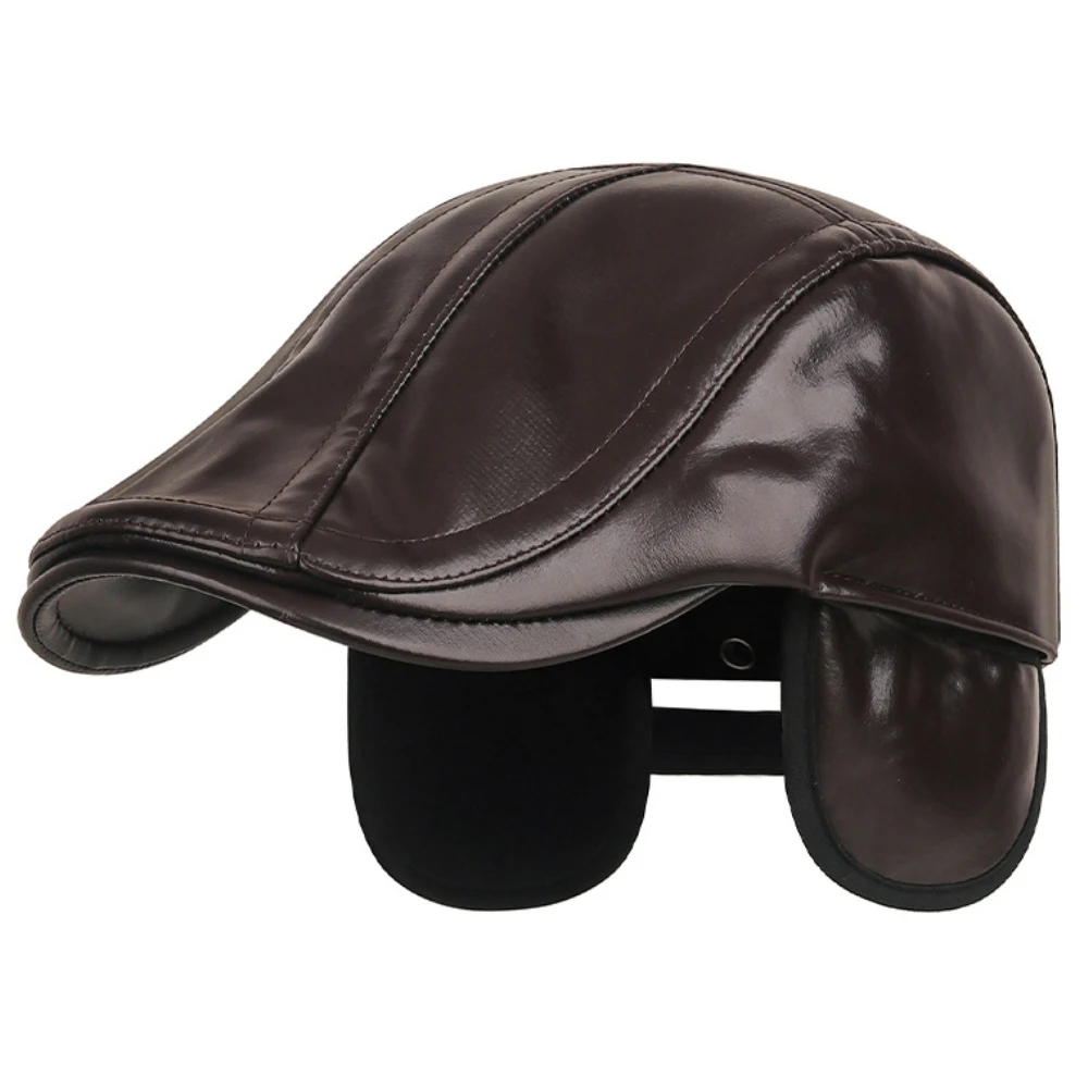 

HT4925 Mens Beret New Thick Warm Winter Hat Men Fleece Lined Earflap Cap Retro Artist Painter Beret Hat Dad PU Leather Beret Cap