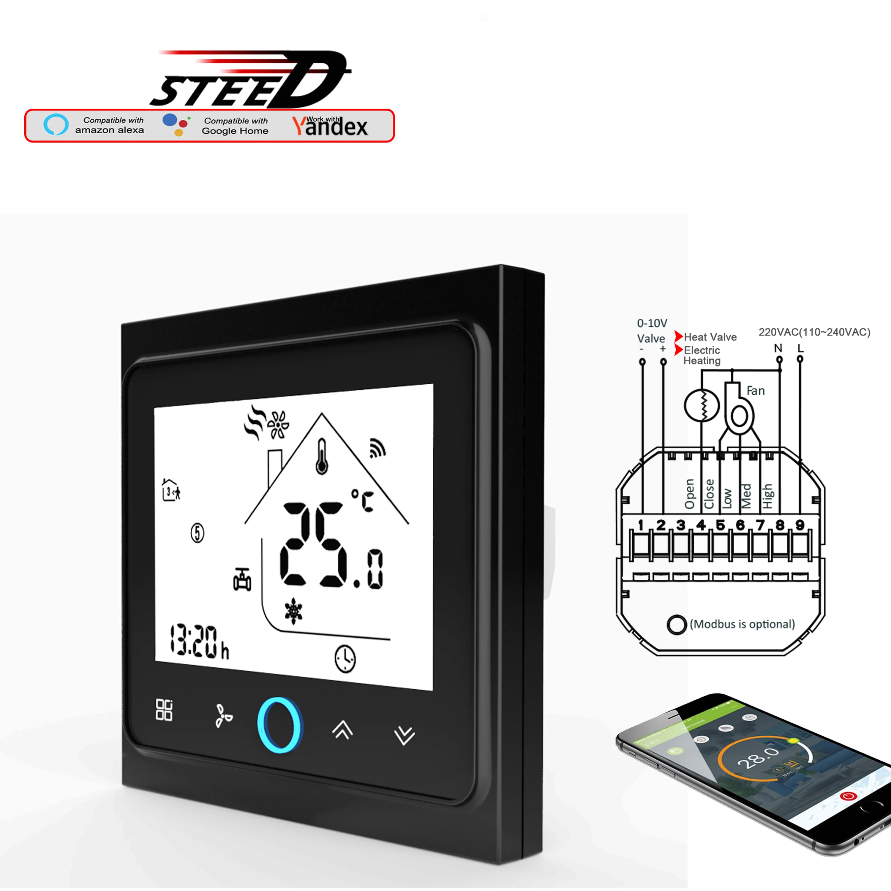 Termostato CE WIFI, Válvula de resfriamento 0-10V, 100% Switch Válvula de aquecimento, Cobertura de 3 velocidades, Ar condicionado