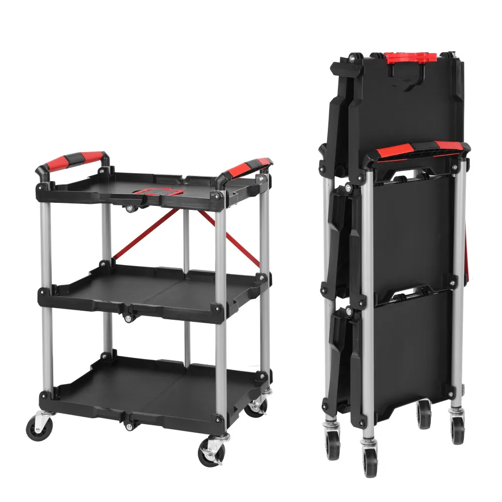 

Foldable 3 Shelf Heavy Duty Utility Service Cart with 360 Swivel Wheels Portable Plastic Rolling Cart for Garage Office Black