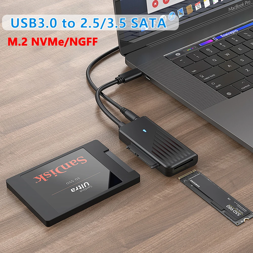 

2 в 1 USB3.0 на 2,5/3,5-дюймовый SATA HDD SSD M.2 NVMe NGFF Адаптер для чтения жестких дисков с питанием 12 В 2 А на ПК, ноутбуке, смартфона