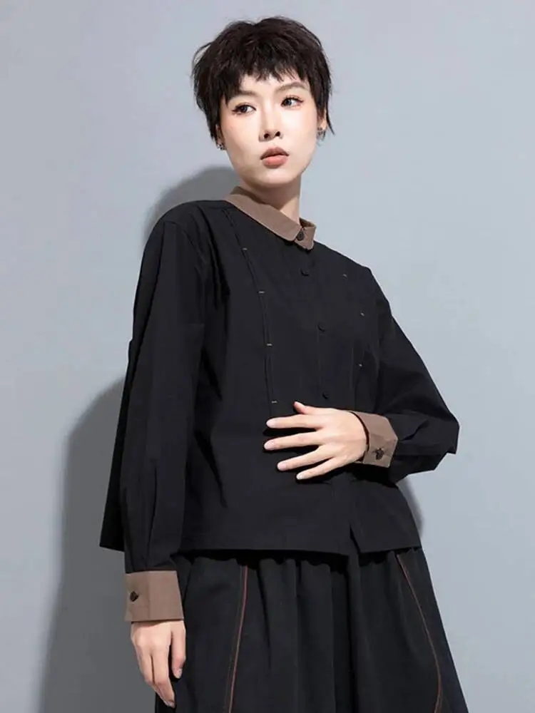 

Black Color-block Big Women Size Blouse New Lapel Long Sleeve Loose Fit Shirt Fashion Spring Autumn 2026 X5SA