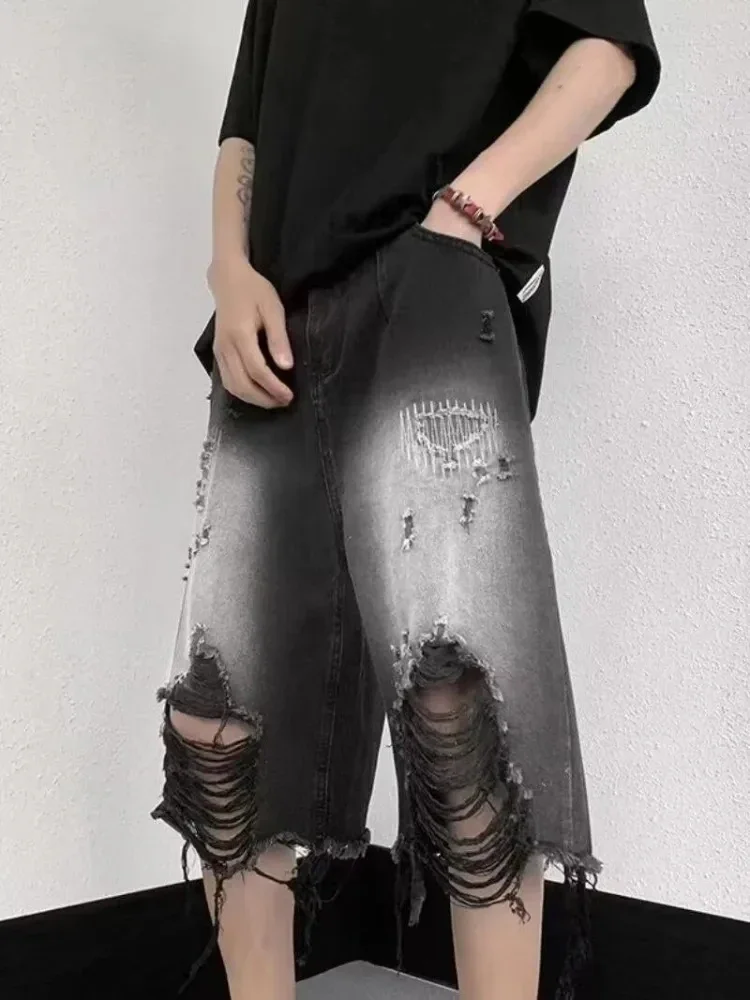 

Американские ретро уличные джинсы с градиентными отверстиями Y2k, свободные прямые брюки с пятью точками, новинка лета 2024, джинсовые шорты для женщин