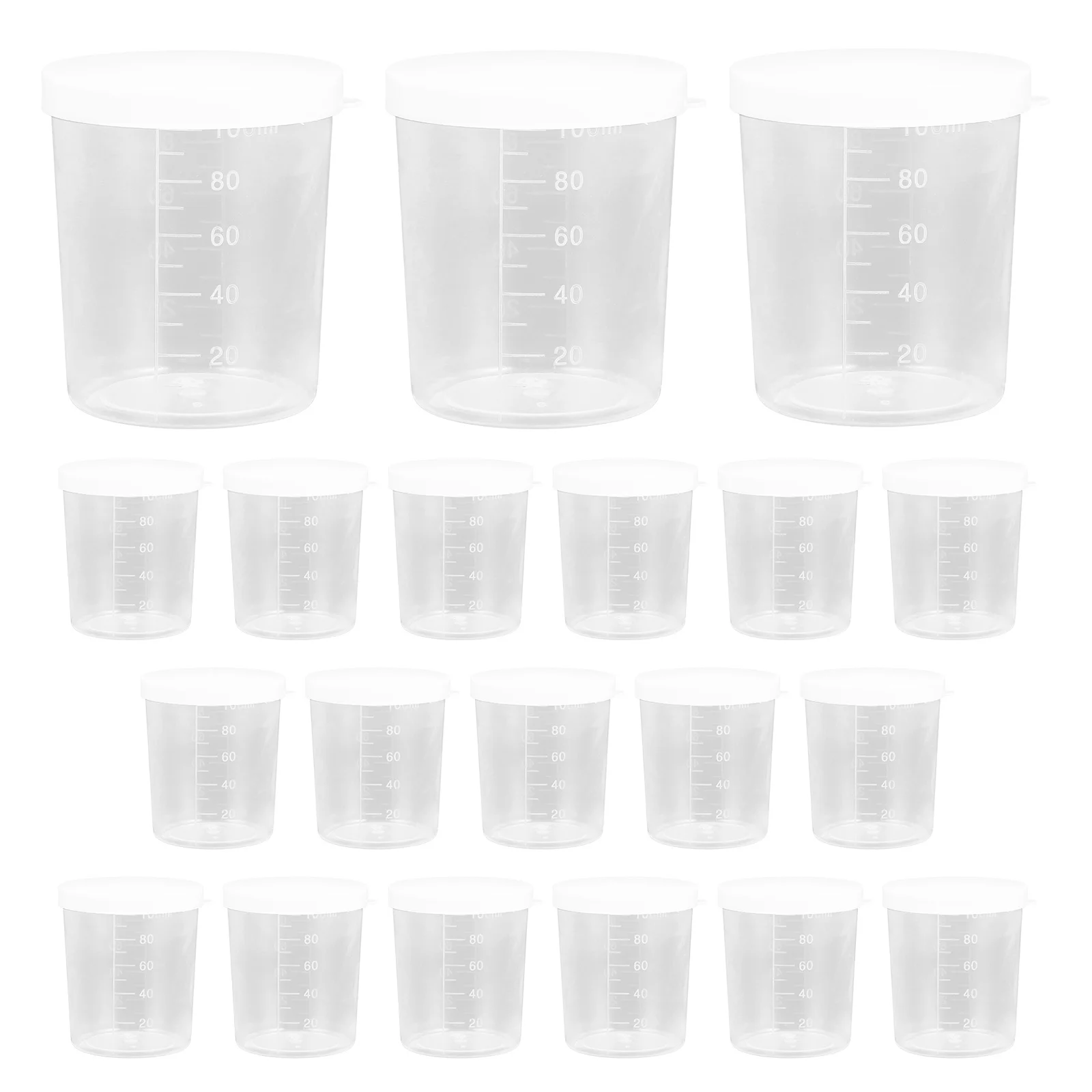 

20Pcs Graduated Measuring Cup with Lid Clear Plastic Sample Bottles for Lab Use Leakproof Urine Specimen Containers 100Ml Liquid