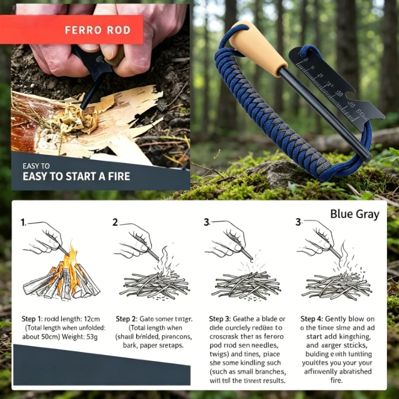 New Durable Outdoor Emergency Fire Starter, Reliable Waterproof Windproof Flint Rod,Portable Ignition Tool for Survival