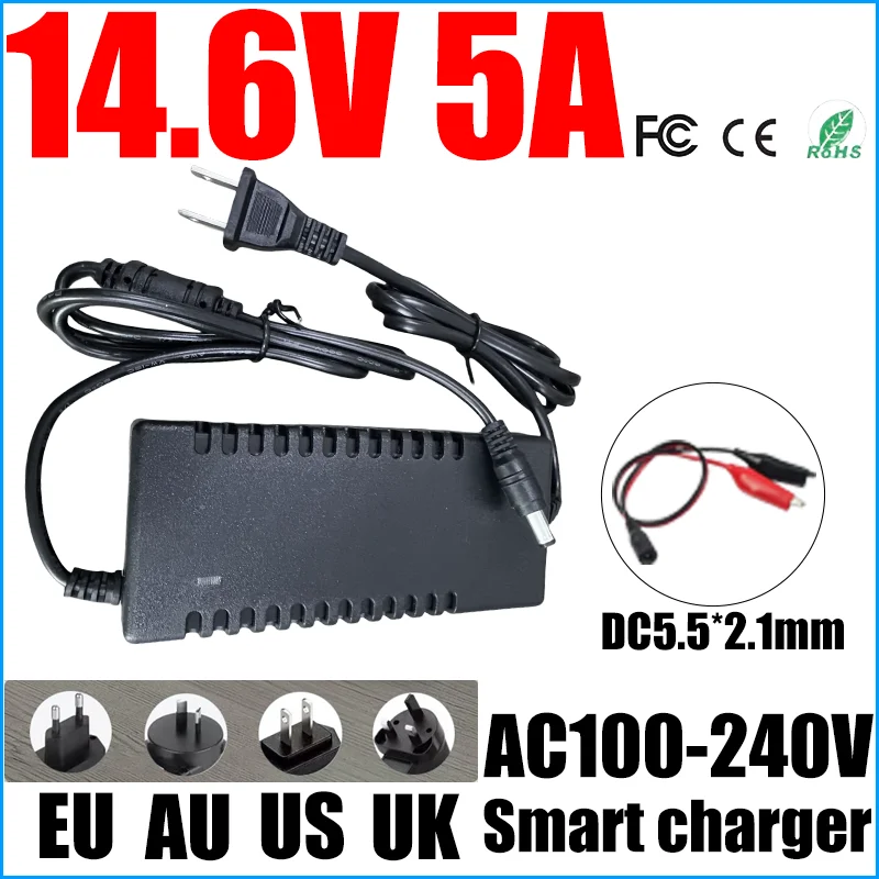 Brand new 14.6V 5A LiFePO4 charger 12V lithium iron phosphate battery charger 12.8V 14.4V power adapter DC5.5mm*2.1MM