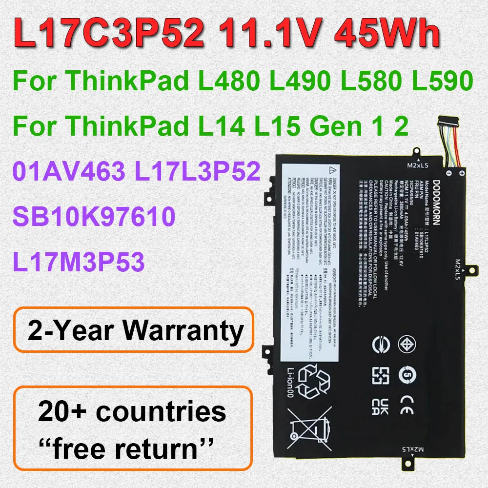 L17L3P52 01AV463 For Lenovo ThinkPad Laptop Battery L480 L490 L580 L590/L14 L15 Gen 1 2 Series L17C3P52 SB10K97610 11.1V 45Wh