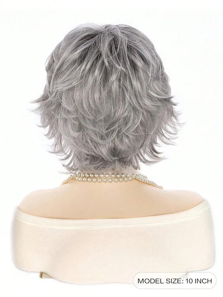 Peruca sintética feminina cinza curta encaracolada com corte pixie em camadas de 10 polegadas
