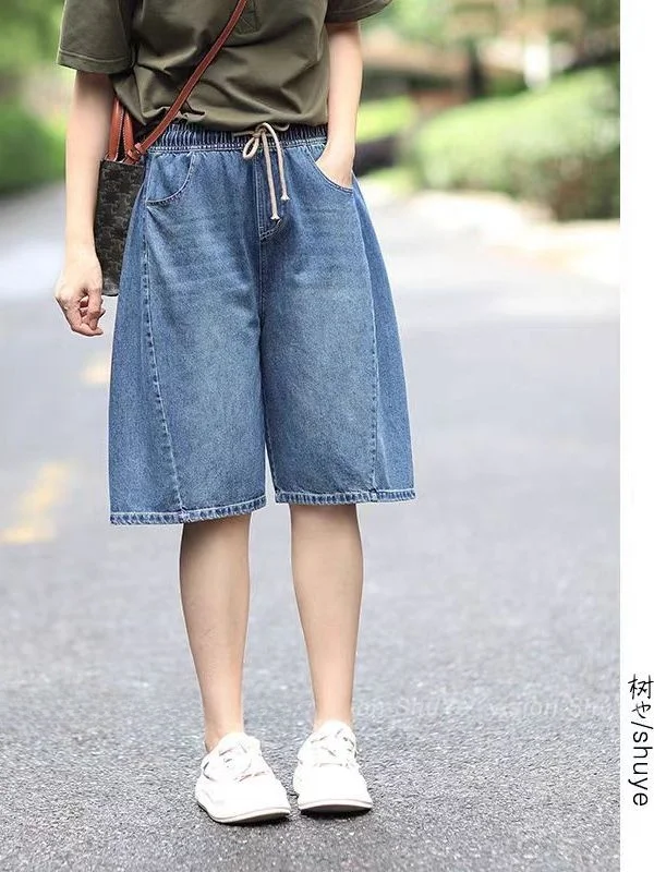 

Синие джинсовые брюки, женские летние повседневные свободные утягивающие брюки с тонкой эластичной резинкой на талии, корейская версия, брюки трапециевидной формы в пять четвертей