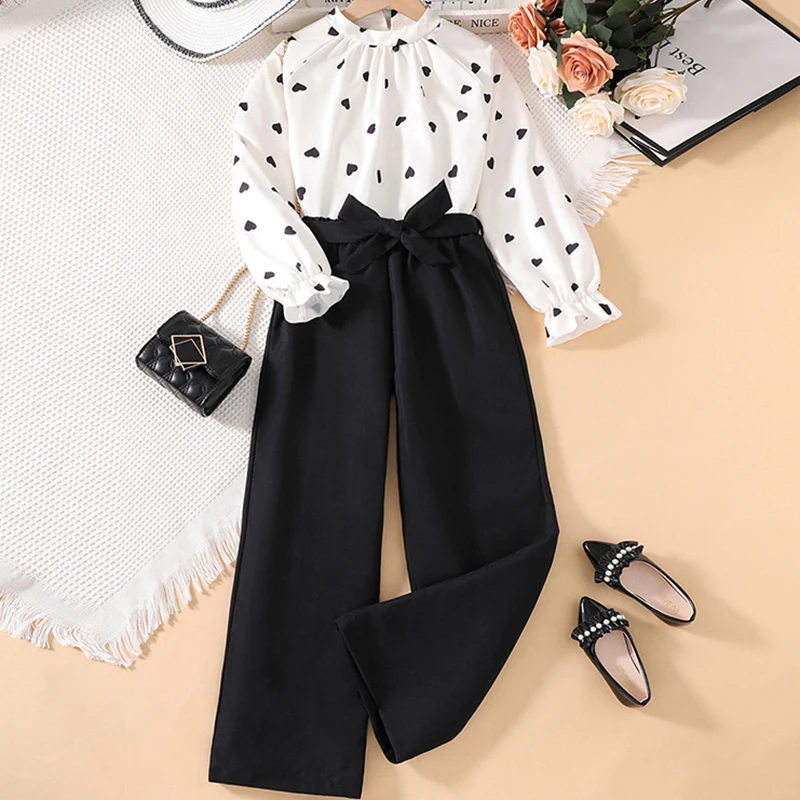 8-12 Years New Spring Autumn Girls Clothing Set Full Print Heart Pattern Shirt+ Pants 2Pcs Suit For Kids Send Bow Belt