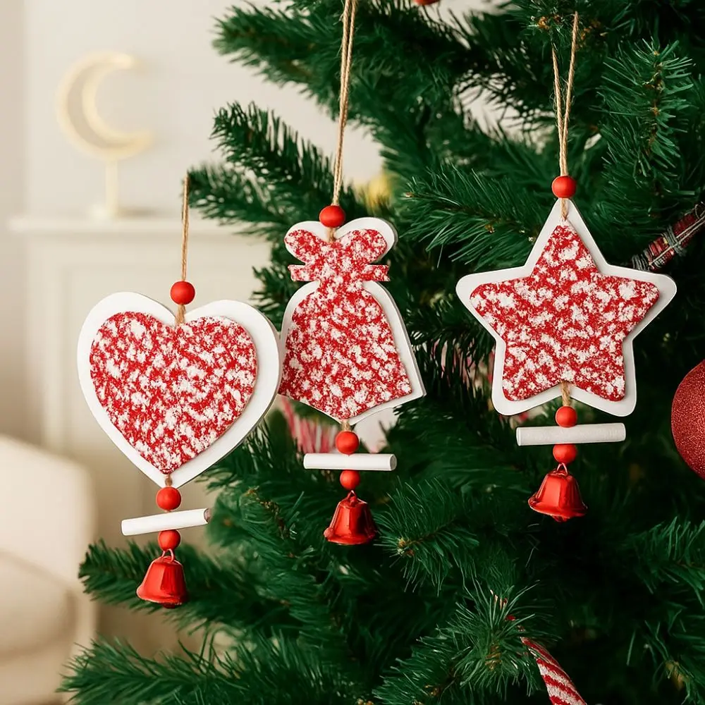 

Wood Christmas Bells Pendants Decorative Red Xmas Tree Star Ornaments Heart Shape Christmas Hanging Pendants Office Decor