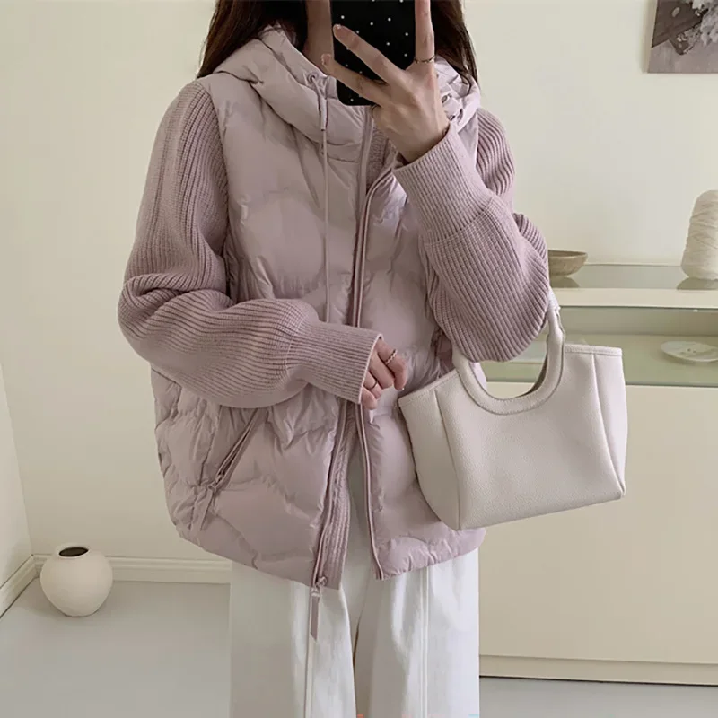 

Autumn and Winter New Women's Down Jacket Commuting Hooded Knitted Sleeve White Duck Down Jacket