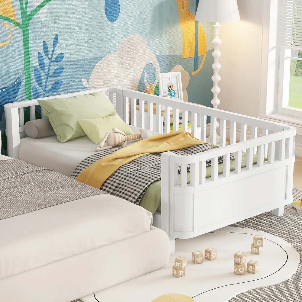 Lit plateforme en bois taille twin pour enfants, lit twin à profil bas en bois avec barrières pour filles et garçons, blanc (design breveté)