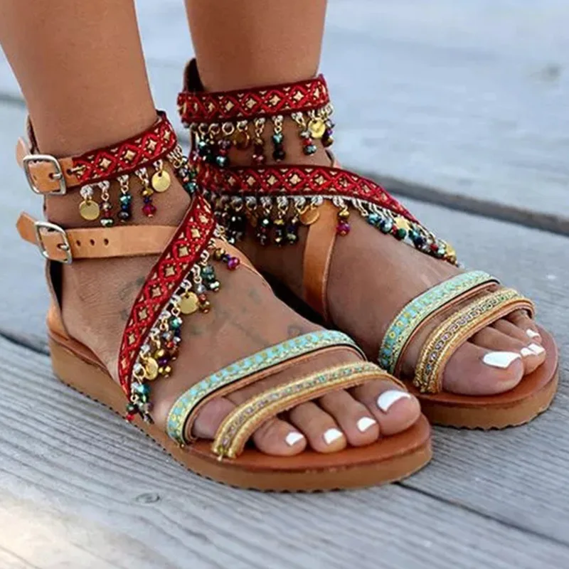 Fashion Womens Shoes 2024 Female Sandal Large Size Luxury New Girls Big Bohemian Flat Multicolored Comfort Buckle Strap Fabric S